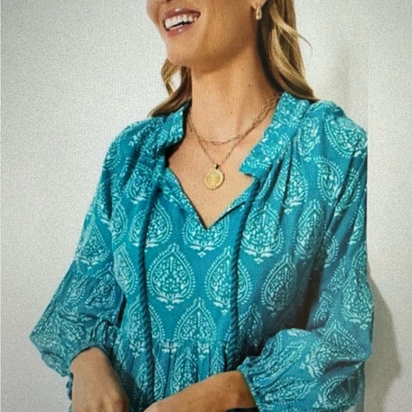 NWT Tuckernuck Tropical Teal Lantern Block Print Tie Meck Caftan Plus Size 3XL - Picture 2 of 16